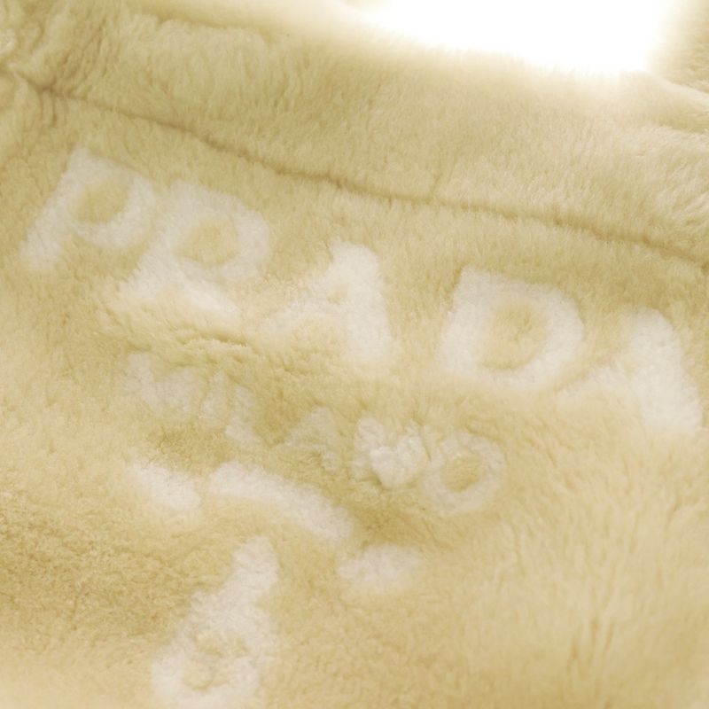 Prada Terry Spugna Logo Tote 2-Way Shoulder Bag Shearling Beige White