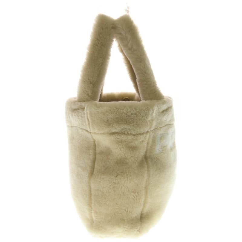 Prada Terry Spugna Logo Tote 2-Way Shoulder Bag Shearling Beige White