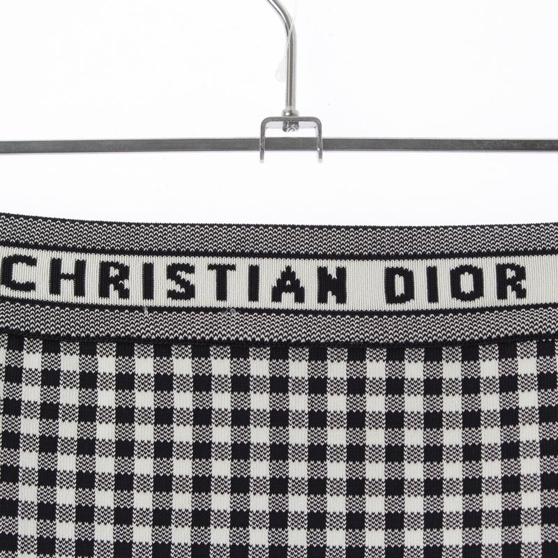 Dior Gingham Check Trapezoid Midi Logo Trim Skirt White Black 42