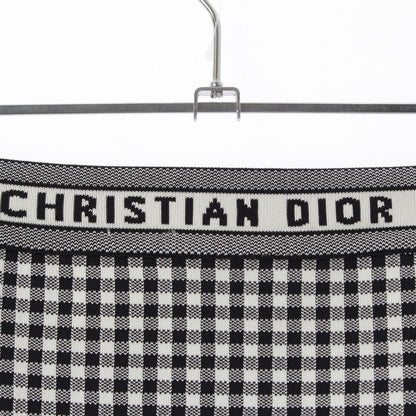 Dior Gingham Check Trapezoid Midi Logo Trim Skirt White Black 42