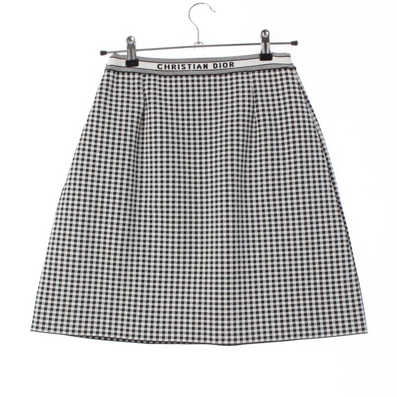 Dior Gingham Check Trapezoid Midi Logo Trim Skirt White Black 42