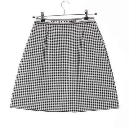 Dior Gingham Check Trapezoid Midi Logo Trim Skirt White Black 42