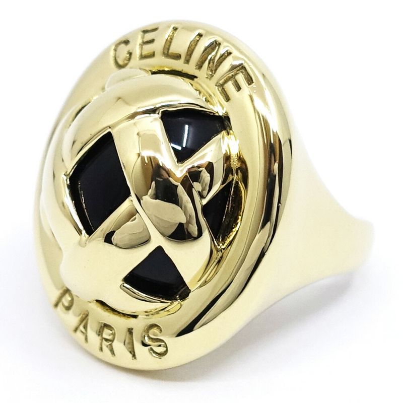 Celine 18K Yellow Gold Logo Onyx Design Ring