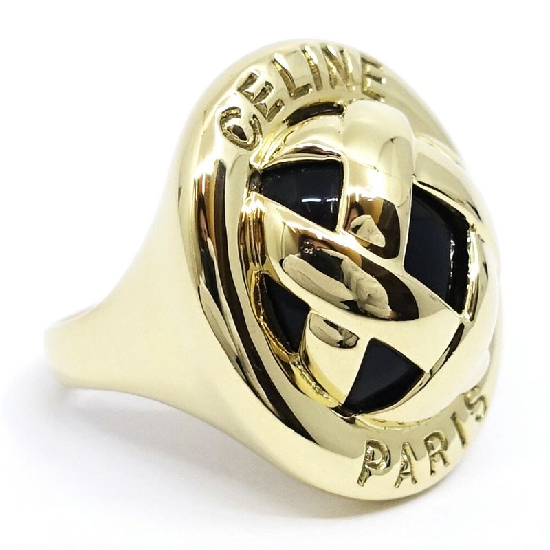 Celine 18K Yellow Gold Logo Onyx Design Ring