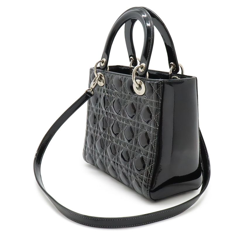 Dior Christian Cannage 2-Way Shoulder Bag Enamel Black