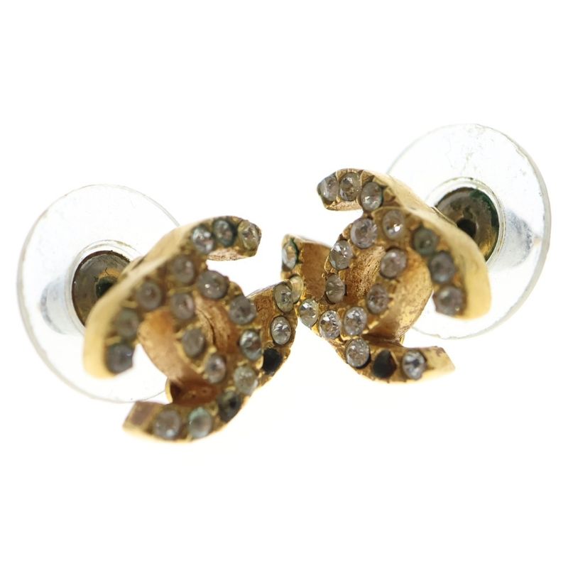 Chanel CC Logo Earrings Rhinestone Gold