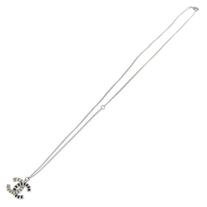 Chanel CC Logo Pearl Pendant Necklace Chain Silver White Navy