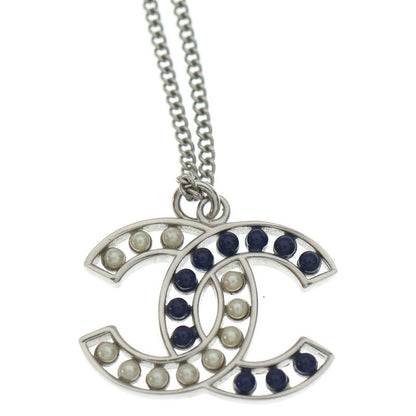 Chanel CC Logo Pearl Pendant Necklace Chain Silver White Navy