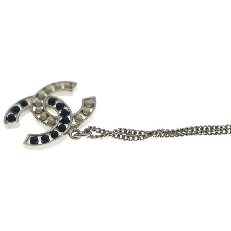 Chanel CC Logo Pearl Pendant Necklace Chain Silver White Navy