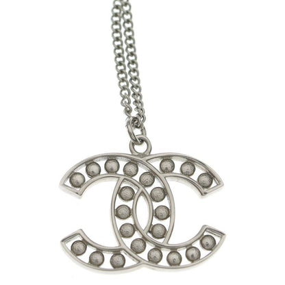 Chanel CC Logo Pearl Pendant Necklace Chain Silver White Navy