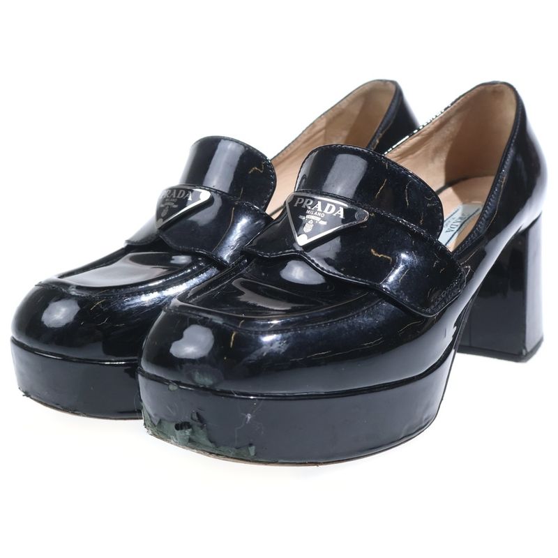 Prada Chocolate Brushed Leather High Heels Loafers Black
