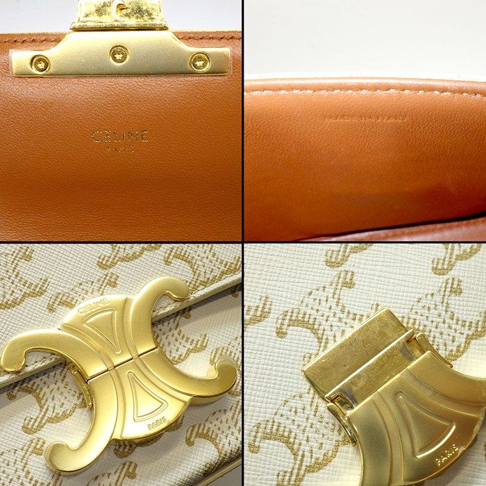Celine Shoulder Bag Claude White Triomphe Canvas Calfskin Gold