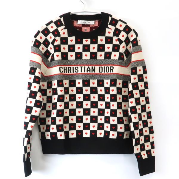 Dior Alm Knit 36 Heart Check Cashmere Black White Red