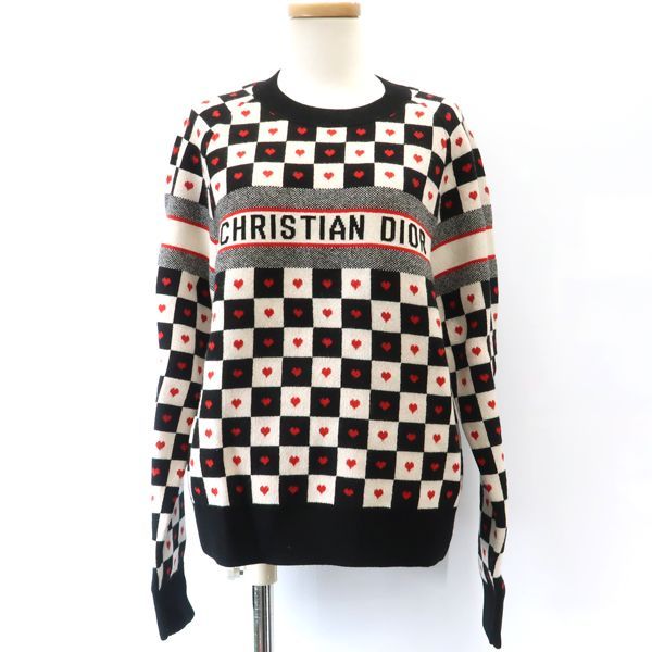 Dior Alm Knit 36 Heart Check Cashmere Black White Red