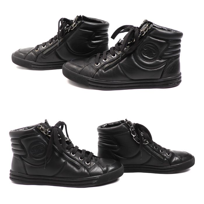 Chanel Leather Chain High Cut Sneakers Black 33