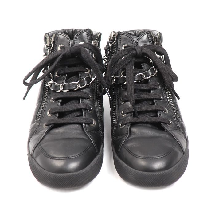 Chanel Leather Chain High Cut Sneakers Black 33