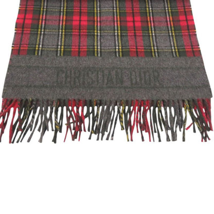 Dior Christian Check Wool Red Large Muffler Shawl Red Scarf