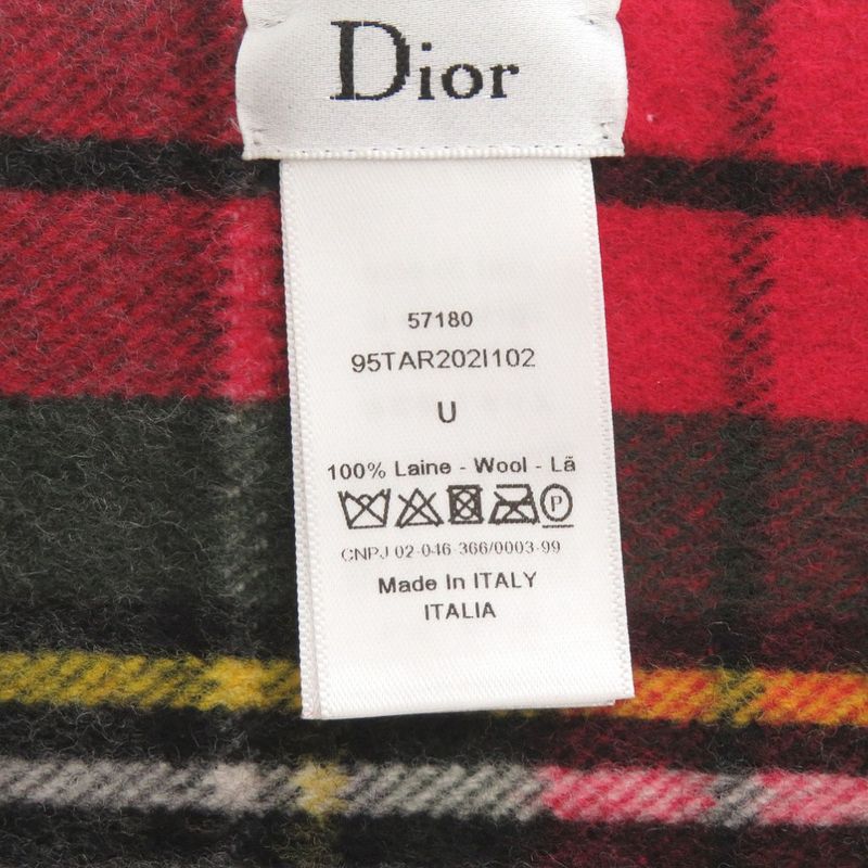 Dior Christian Check Wool Red Large Muffler Shawl Red Scarf