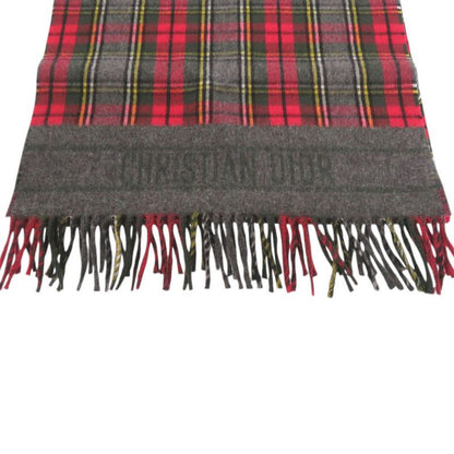 Dior Christian Check Wool Red Large Muffler Shawl Red Scarf