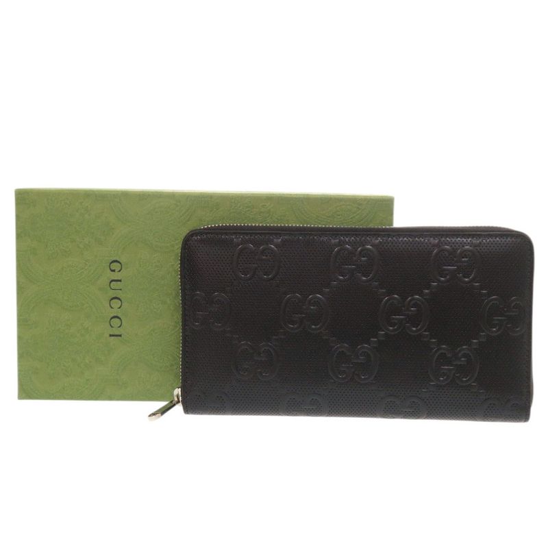 Gucci Zip Around Organizer GG Embossed Leather Black Long Wallet