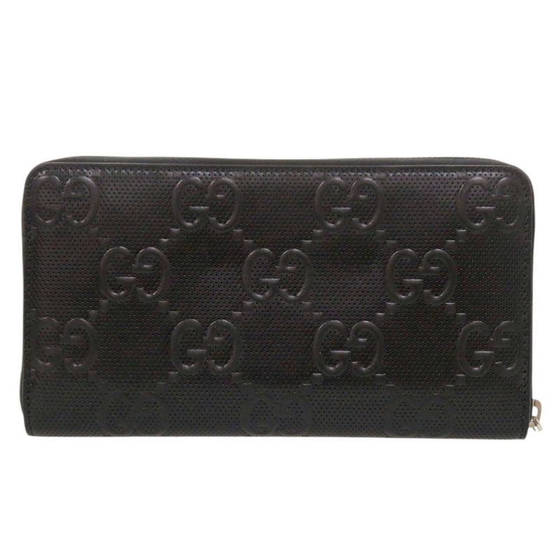 Gucci Zip Around Organizer GG Embossed Leather Black Long Wallet