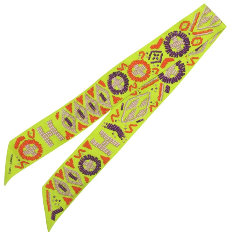 Hermes Twilly Kelly en Perles Logo Silk Yellow Purple Orange Scarf