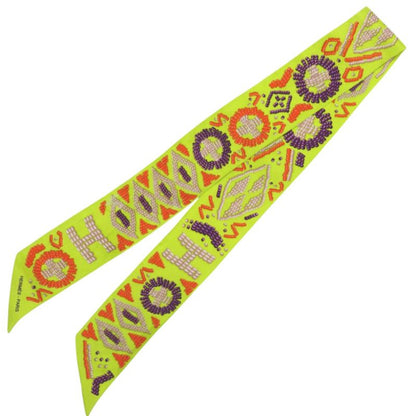 Hermes Twilly Kelly en Perles Logo Silk Yellow Purple Orange Scarf