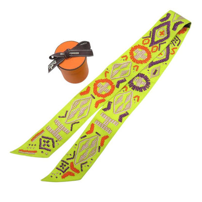 Hermes Twilly Kelly en Perles Logo Silk Yellow Purple Orange Scarf