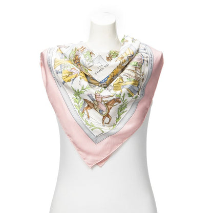 Hermes Scarf Pink White Gray 100% Twill Silk