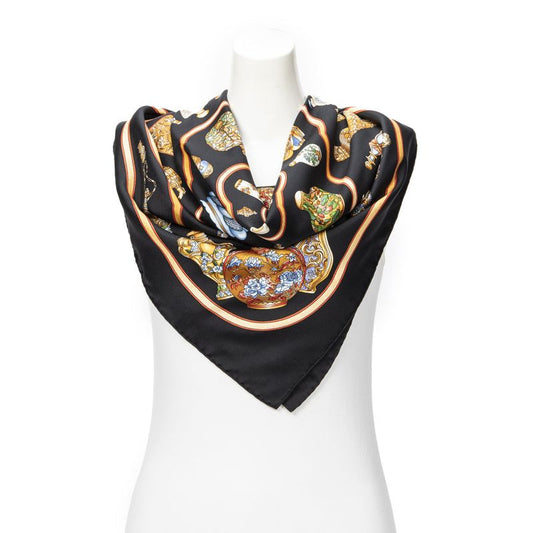 Hermes Scarf Black Orange Gold 100% Twill Silk