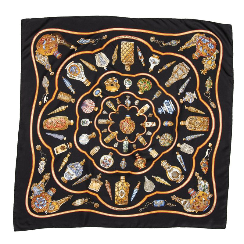 Hermes Scarf Black Orange Gold 100% Twill Silk