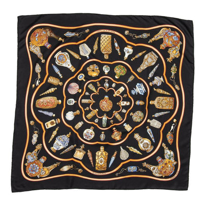 Hermes Scarf Black Orange Gold 100% Twill Silk