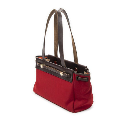 Hermes Herbag Cabas Red Brown Toile Offiche AB