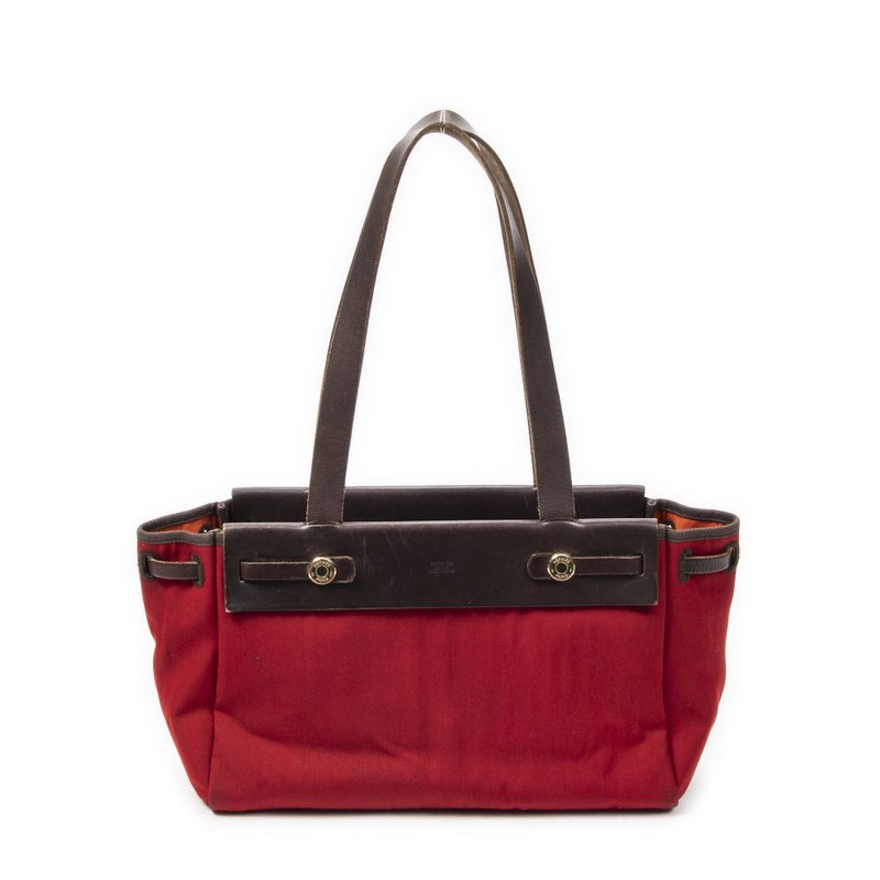Hermes Herbag Cabas Red Brown Toile Offiche AB
