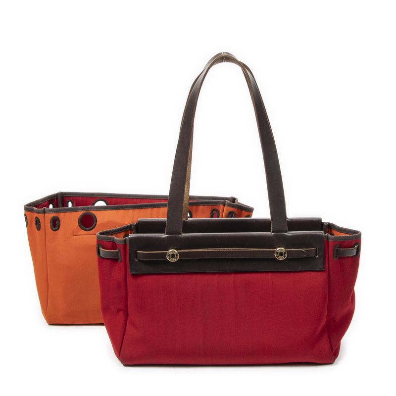 Hermes Herbag Cabas Red Brown Toile Offiche AB