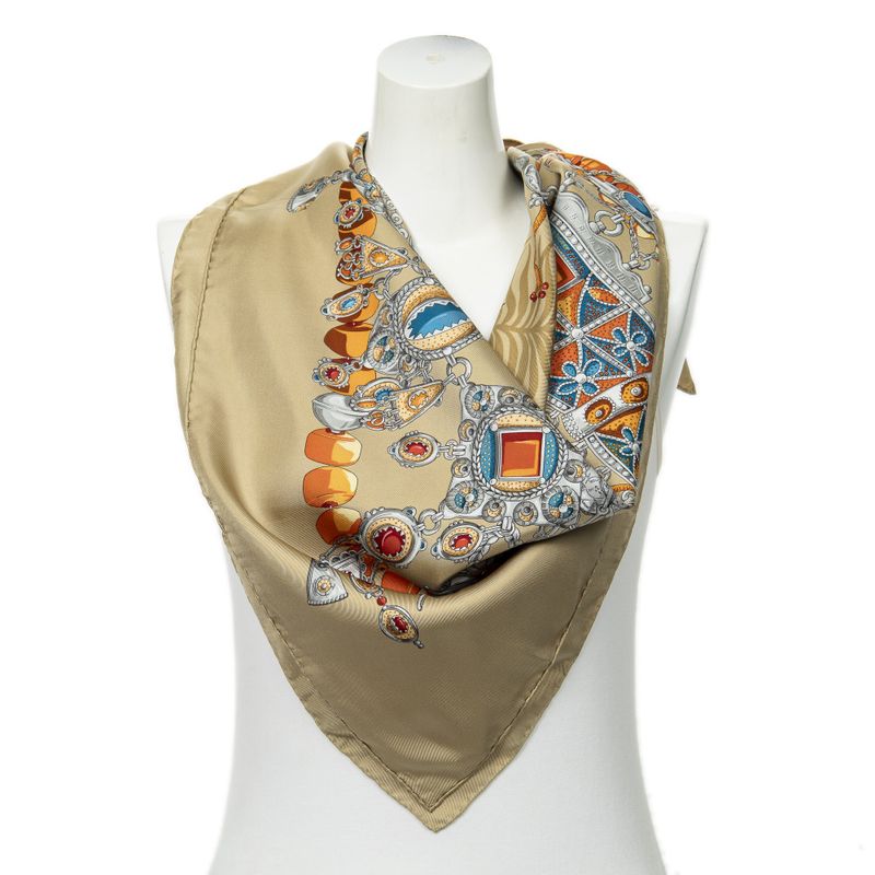 Hermes Scarf Gold Gray Orange 100% Twill Silk