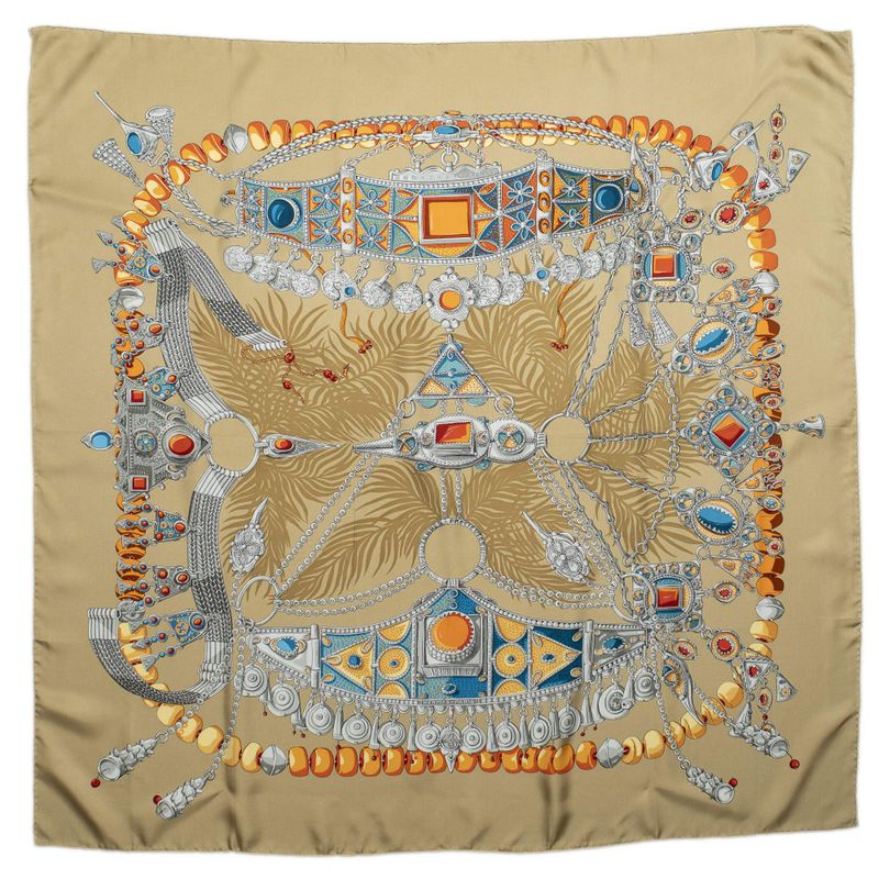 Hermes Scarf Gold Gray Orange 100% Twill Silk