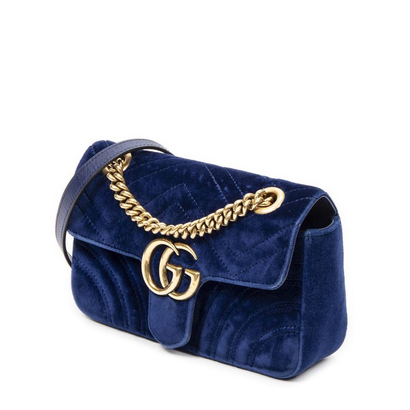 Gucci Small GG Marmont Chain Crossbody Blue Velvet