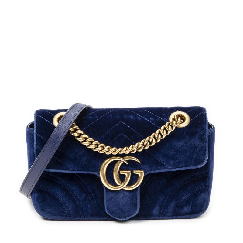 Gucci Small GG Marmont Chain Crossbody Blue Velvet