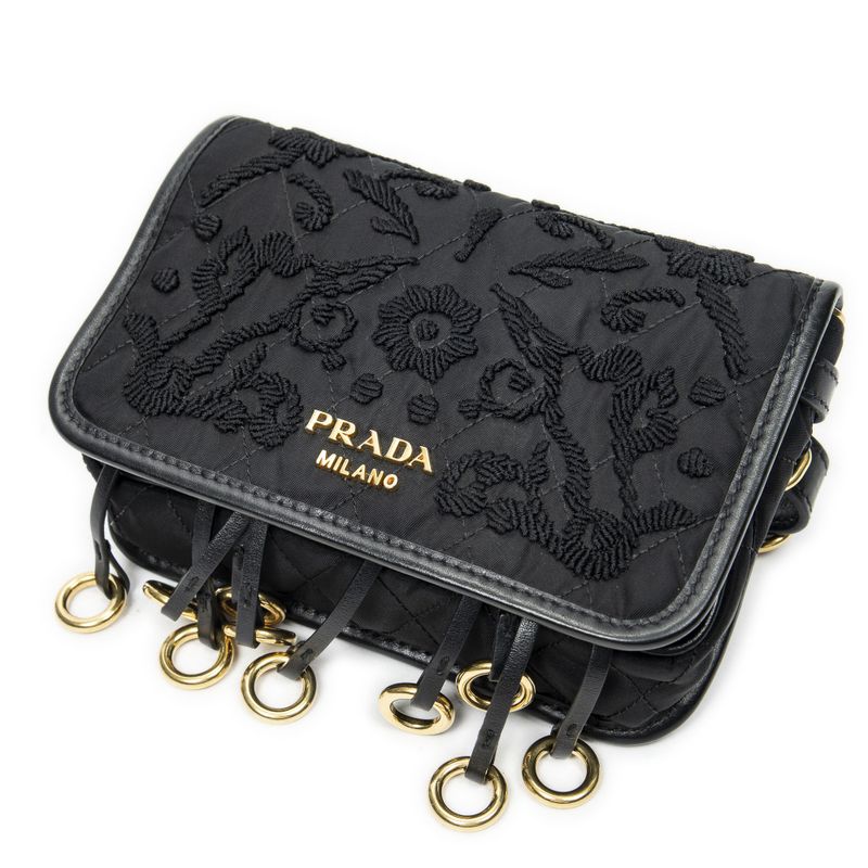 Prada Small Colbert Bag Black Embroidery Canvas