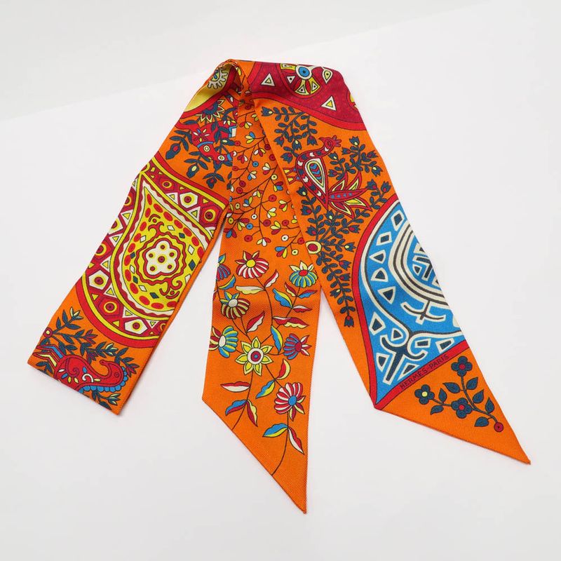 Hermes Twilly Tree of Life L'arbre de Vie Scarf Silk Orange Multicolor