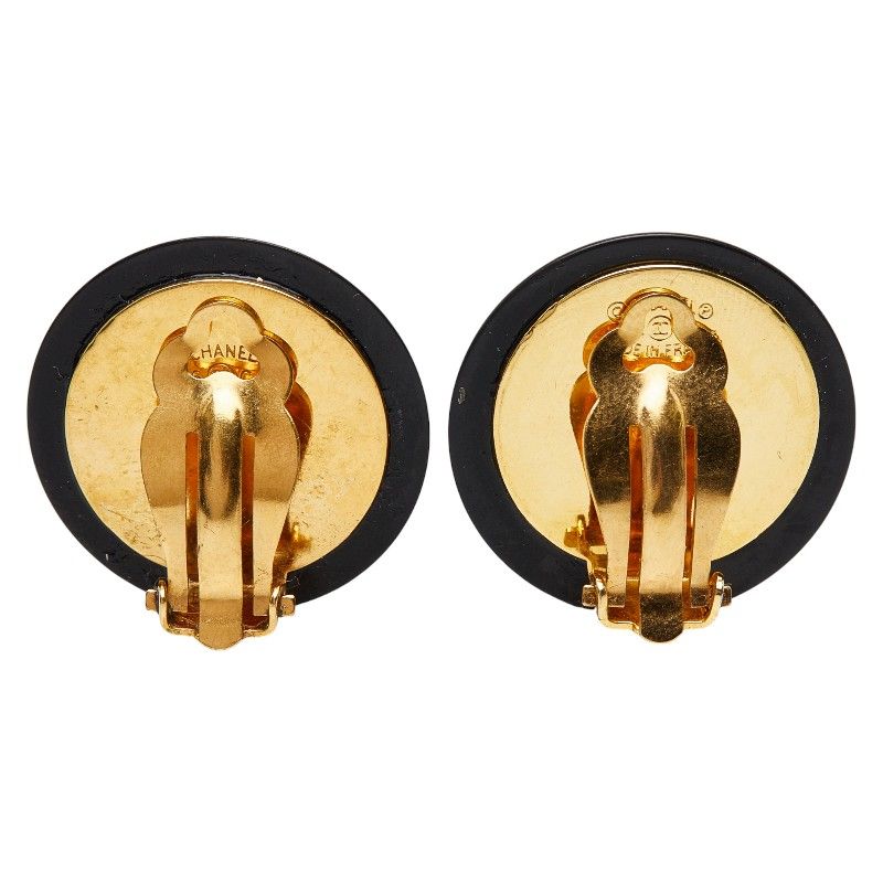 Chanel CC Logo Shell Vintage Black Gold Earrings