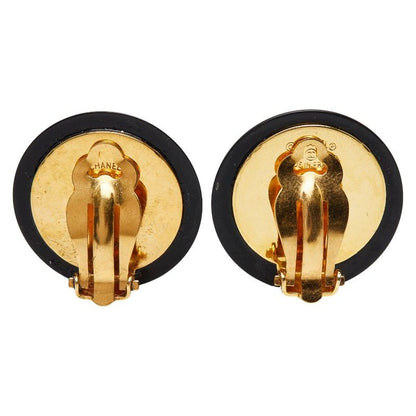 Chanel CC Logo Shell Vintage Black Gold Earrings