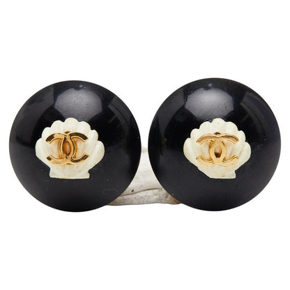 Chanel CC Logo Shell Vintage Black Gold Earrings