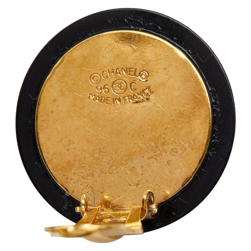 Chanel CC Logo Shell Vintage Black Gold Earrings