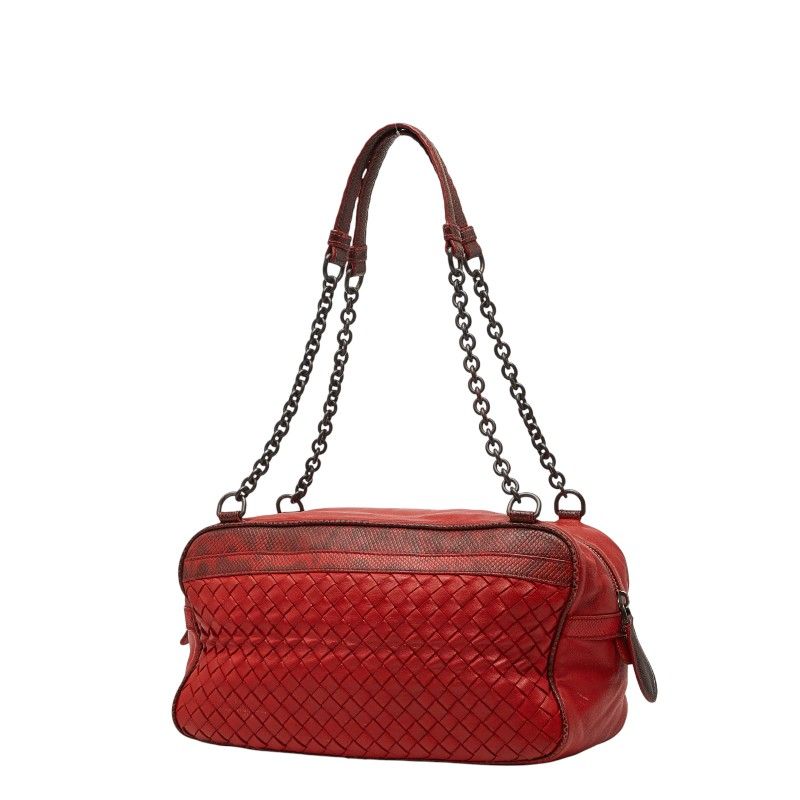 Bottega Veneta Intrecciato Chain Shoulder Bag Red Leather