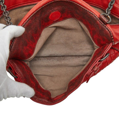 Bottega Veneta Intrecciato Chain Shoulder Bag Red Leather
