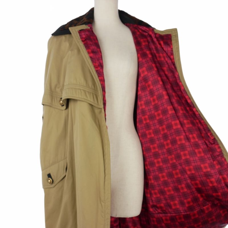Versace Boa Switching Half Coat Leopard Lining Check 38 Beige Brown Red