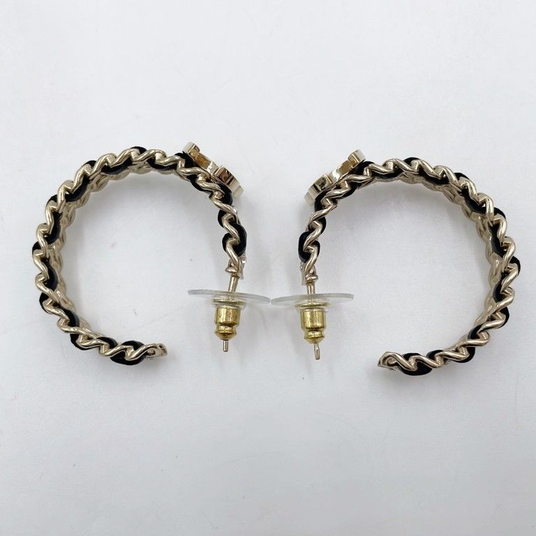 Chanel Earrings CC Logo Gold Black Metal Leather Rhinestone Chain