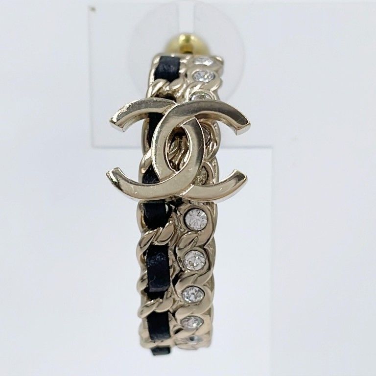 Chanel Earrings CC Logo Gold Black Metal Leather Rhinestone Chain